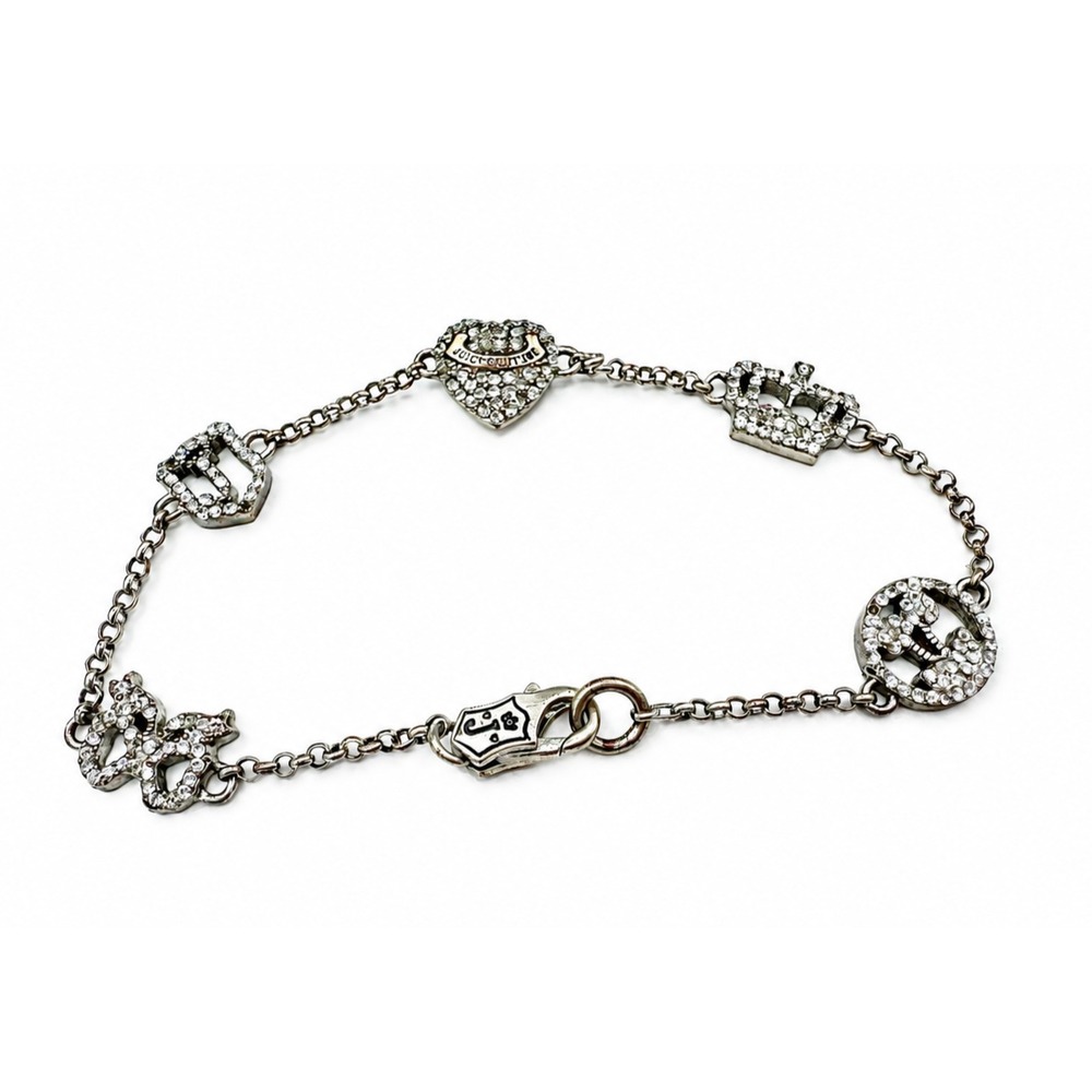 Juicy Couture Vintage Y2K Pave Crystal Puffy Heart Station Charm Silver Bracelet